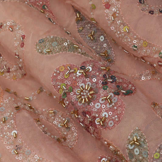 Peach Color Georgette Sequins Embroidery Fabric