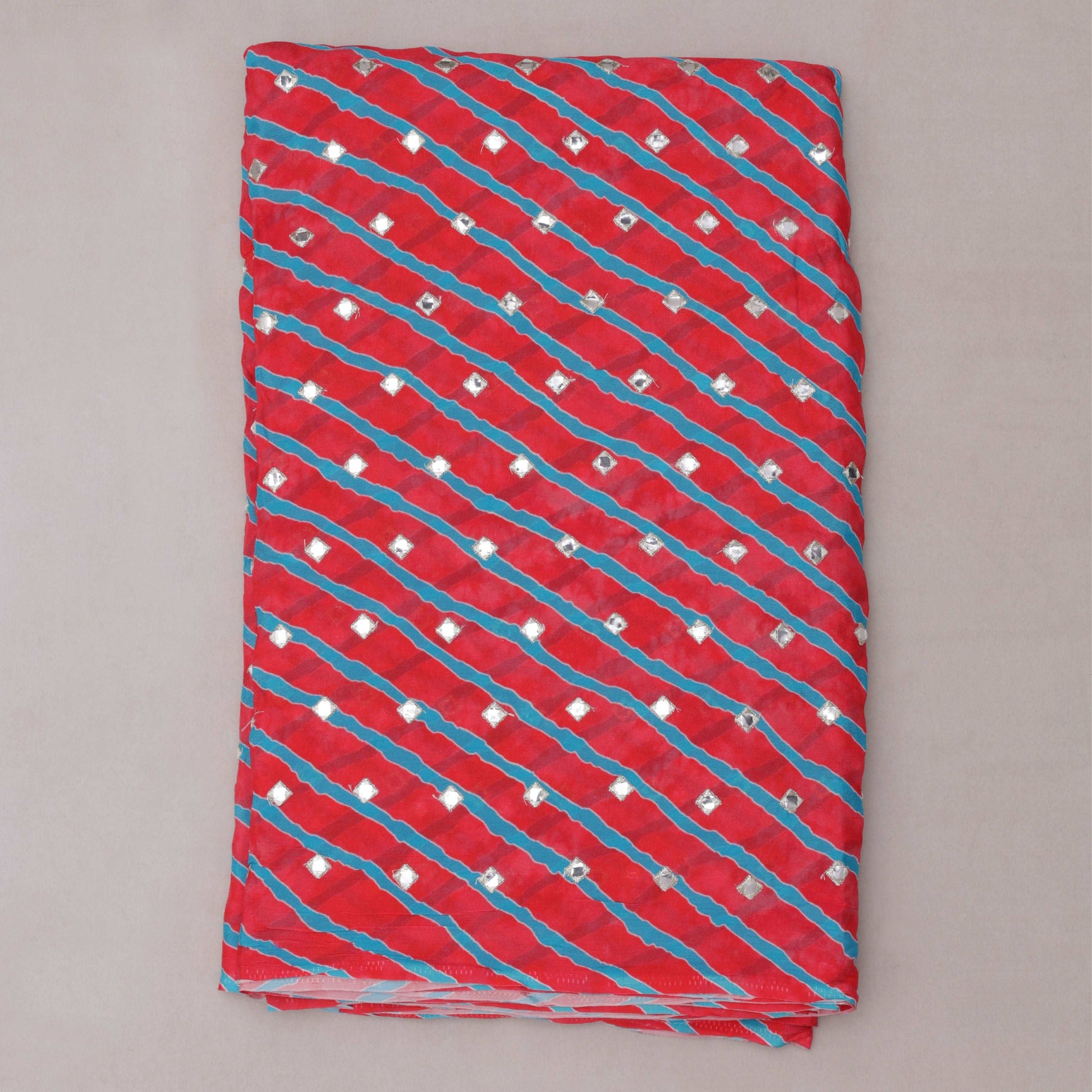 Blue Stripe Chinon Chiffon Print Mirror Work Fabric