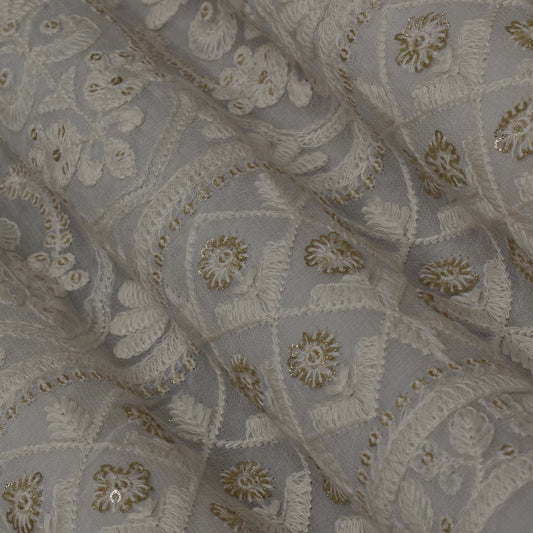 White Color Georgette Embroidery  Fabric