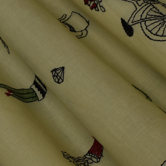 Yellow Color Cotton Embroidery Fabric
