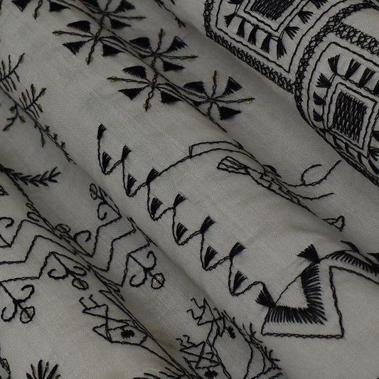 White Color Chanderi Embroidery Fabric