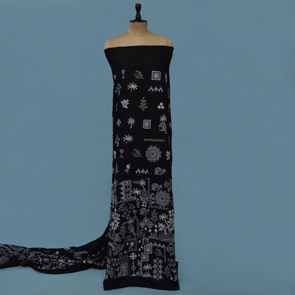 Black Color Chanderi Embroidery Fabric