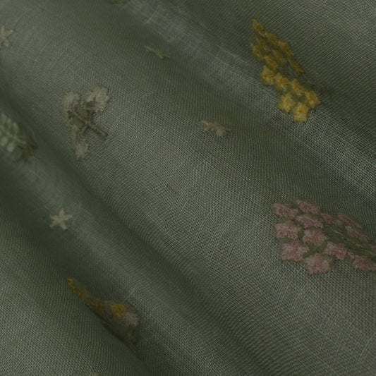 Sea Green Color Linen Embroidery Fabric