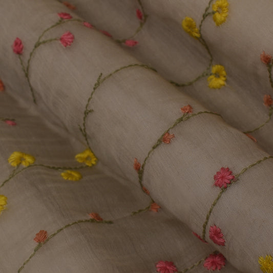 Beige Color Chanderi Embroidery Fabric