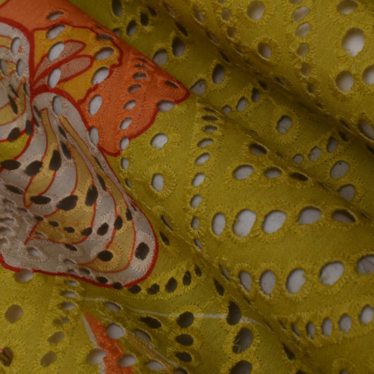 Multi Colored Cotton Chikan Border Print Embroidery Fabric