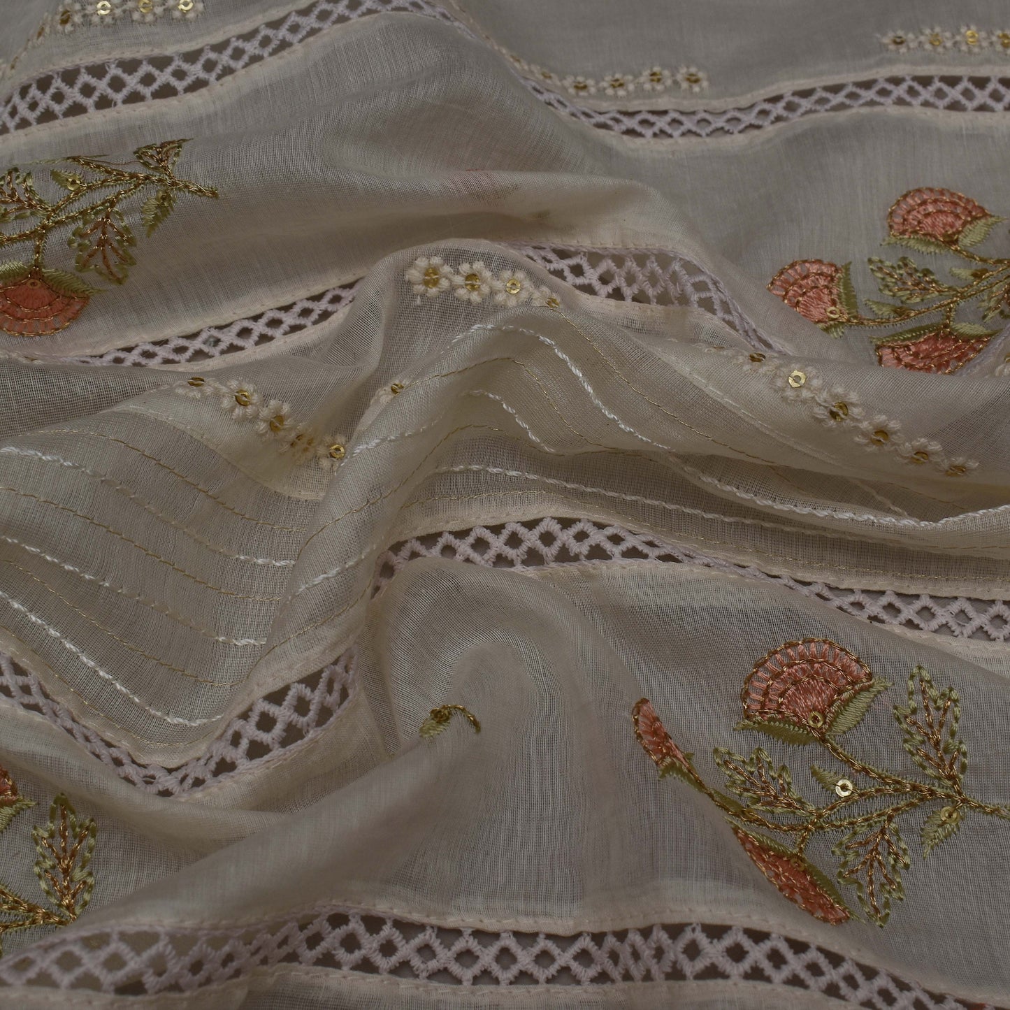Cream Color Chanderi Embroidery Fabric