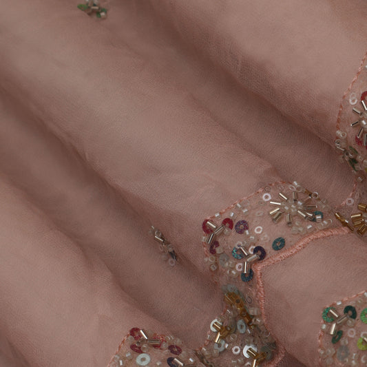 Peach Color Border Sequins Embroidery Fabric