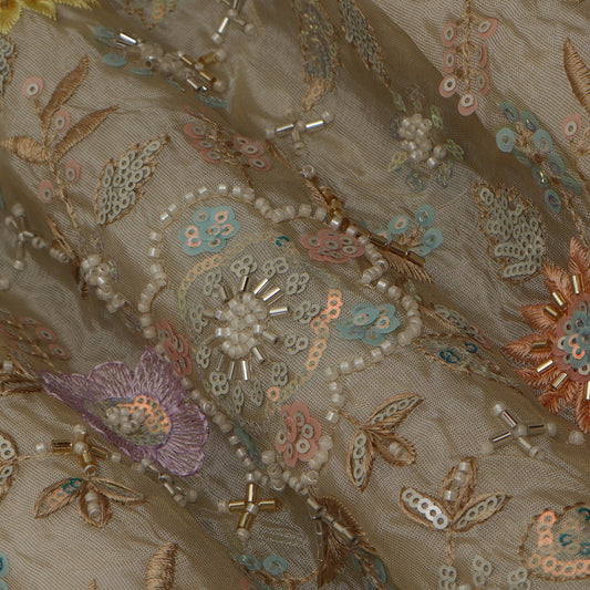 Beige Color Tissue Sequins Embroidery Fabric