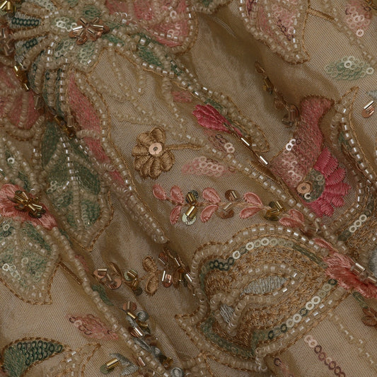 Beige Color Tissue Sequins Embroidery Fabric