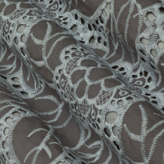 Grey  Color Cotton Chikan Embroidery Fabric