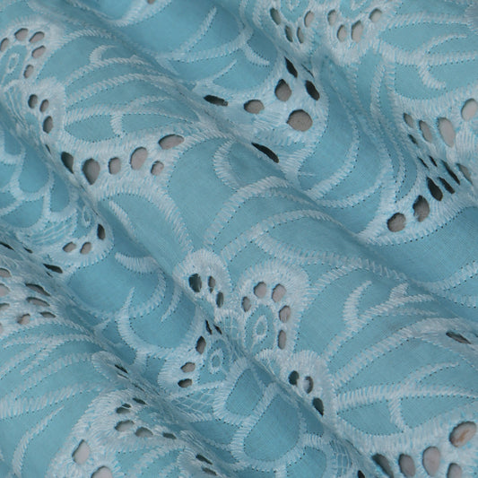 Blue  Color Cotton Chikan Embroidery Fabric