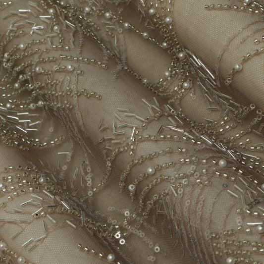 Beige Color Net Sequence Embroidery Fabric