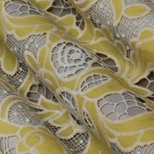 Yellow Color Crepe Chikan Embroidery Fabric
