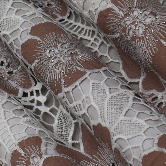 Brown Color Crepe Chikan Embroidery Fabric