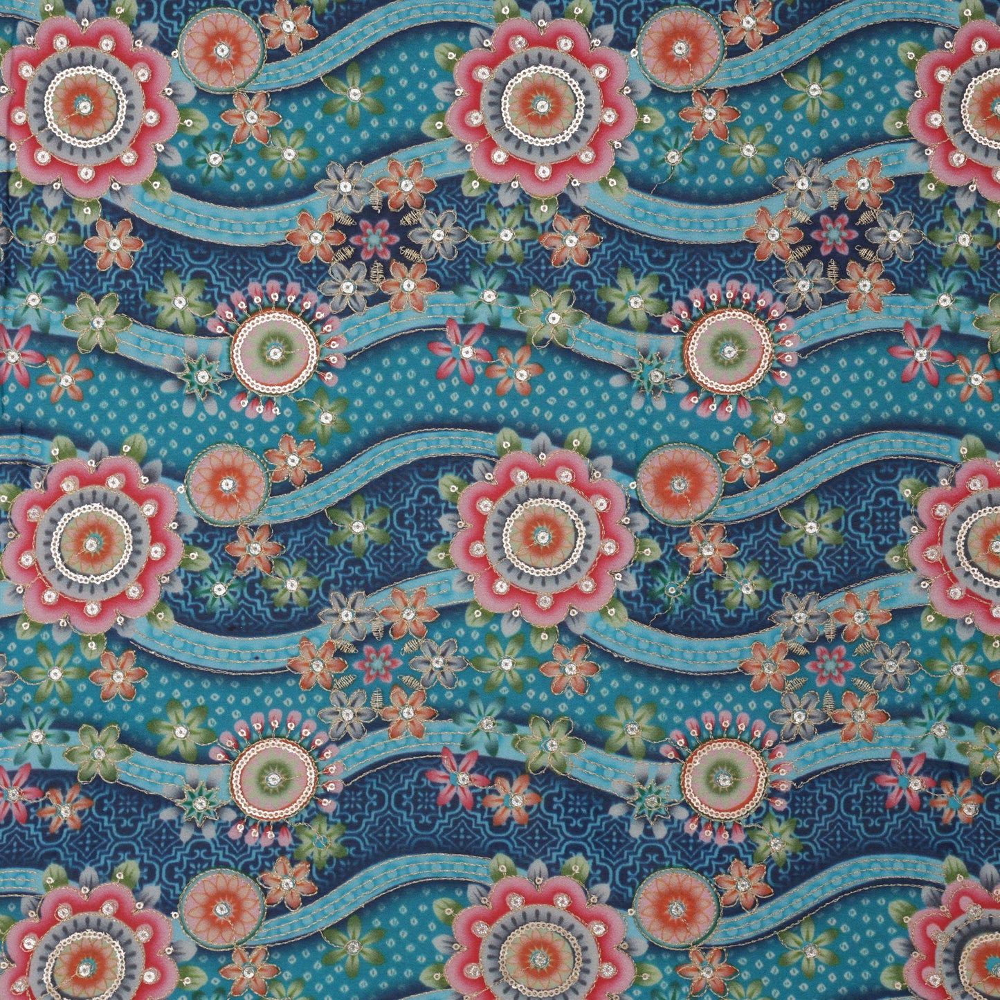 Multi-Colored Chinon Chiffon Position Print Embroidery Fabric