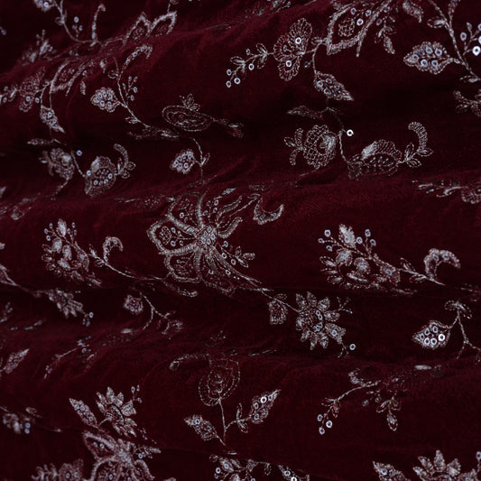 Maroon Color Velvet Embroidery Fabric