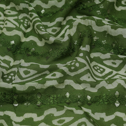 Green Color Chinon Chiffon Print Embroidery Fabric