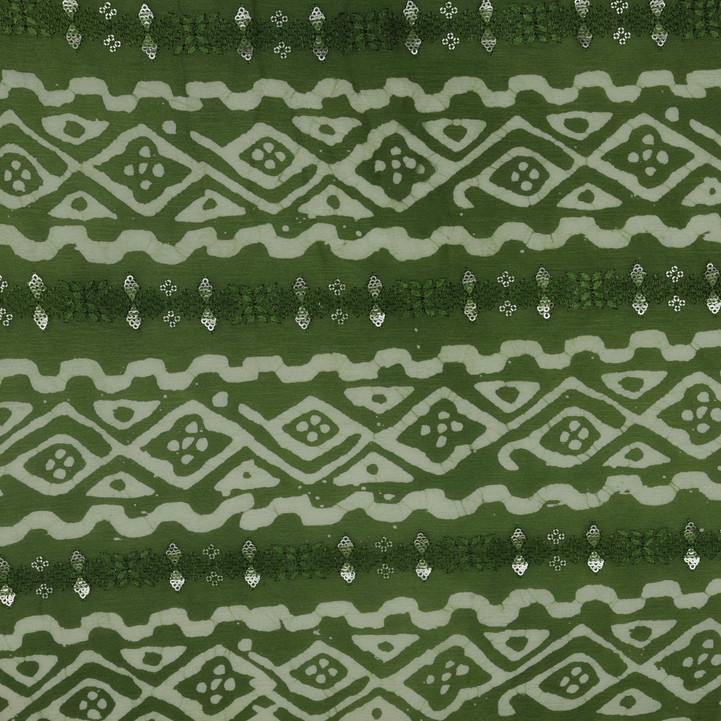 Green Color Chinon Chiffon Print Embroidery Fabric