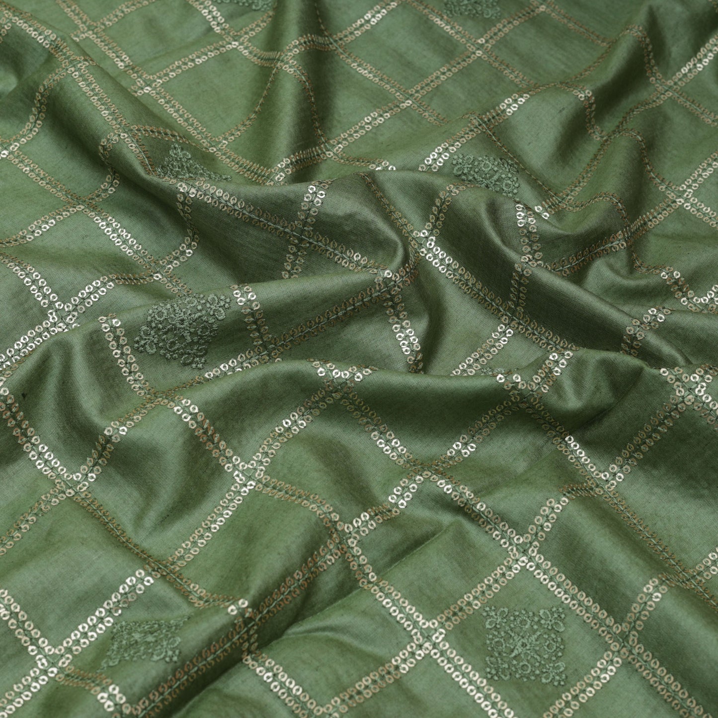 Green Color Fabric Tussar Sequins Embroidery Fabric