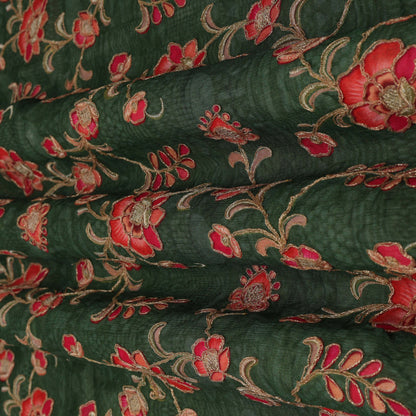 Mehndi Green Color Chinon Chiffon Position Print Embroidery Fabric
