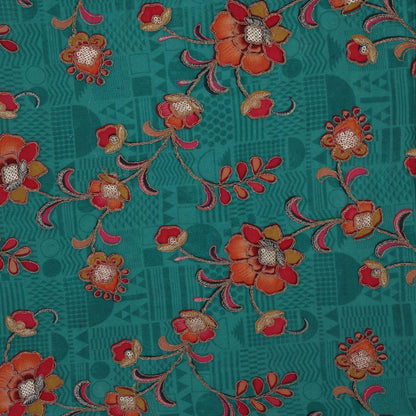 Sea Green Color Chinon Chiffon Position Print Embroidery Fabric