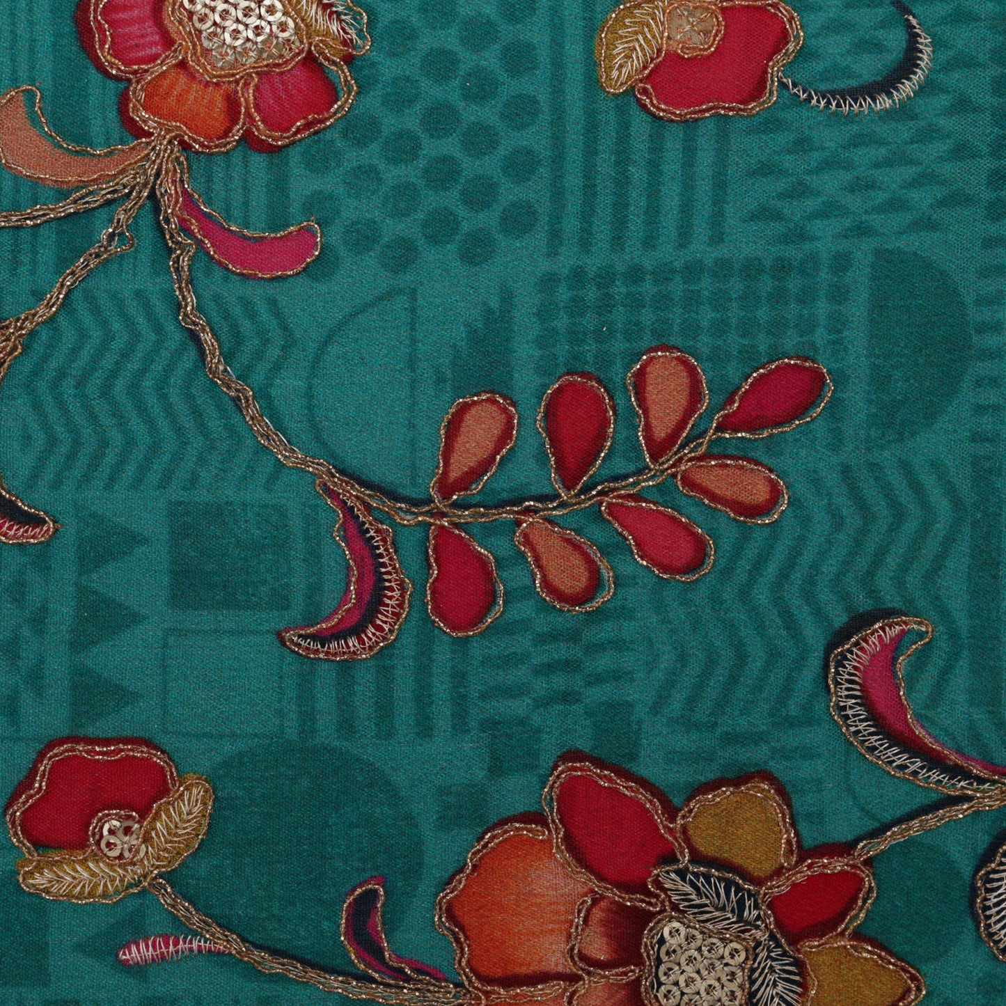 Sea Green Color Chinon Chiffon Position Print Embroidery Fabric