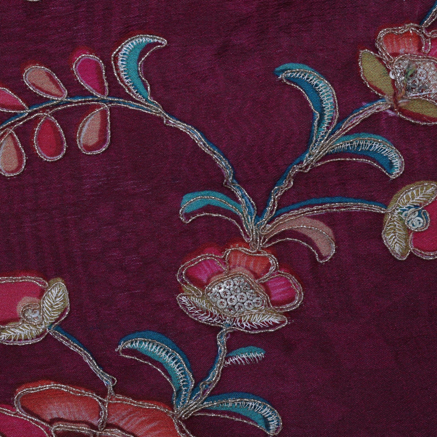 Wine Color Chinon Chiffon Position Print Embroidery Fabric