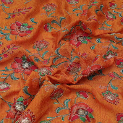 Mustard Color Chinon Chiffon Position Print Embroidery Fabric