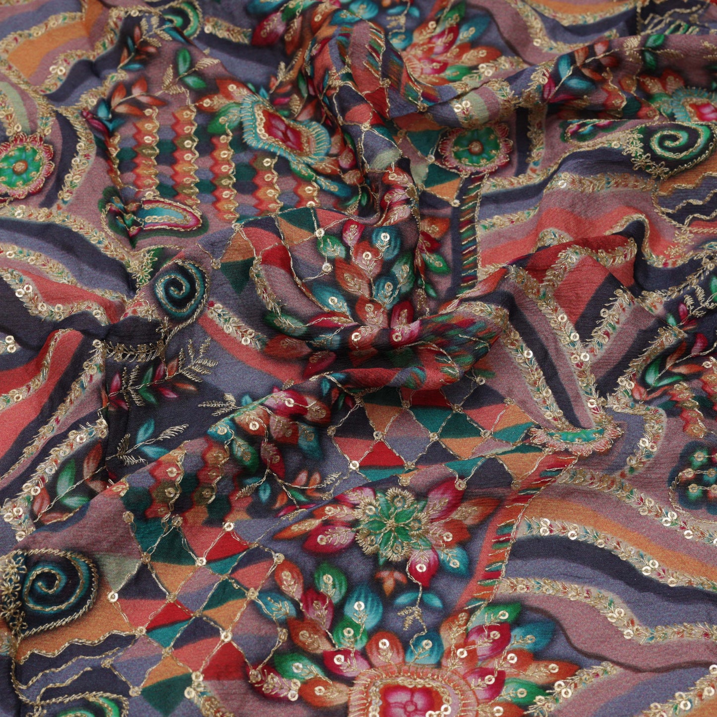 Multi Color Chinon Chiffon Position Print Embroidery Fabric