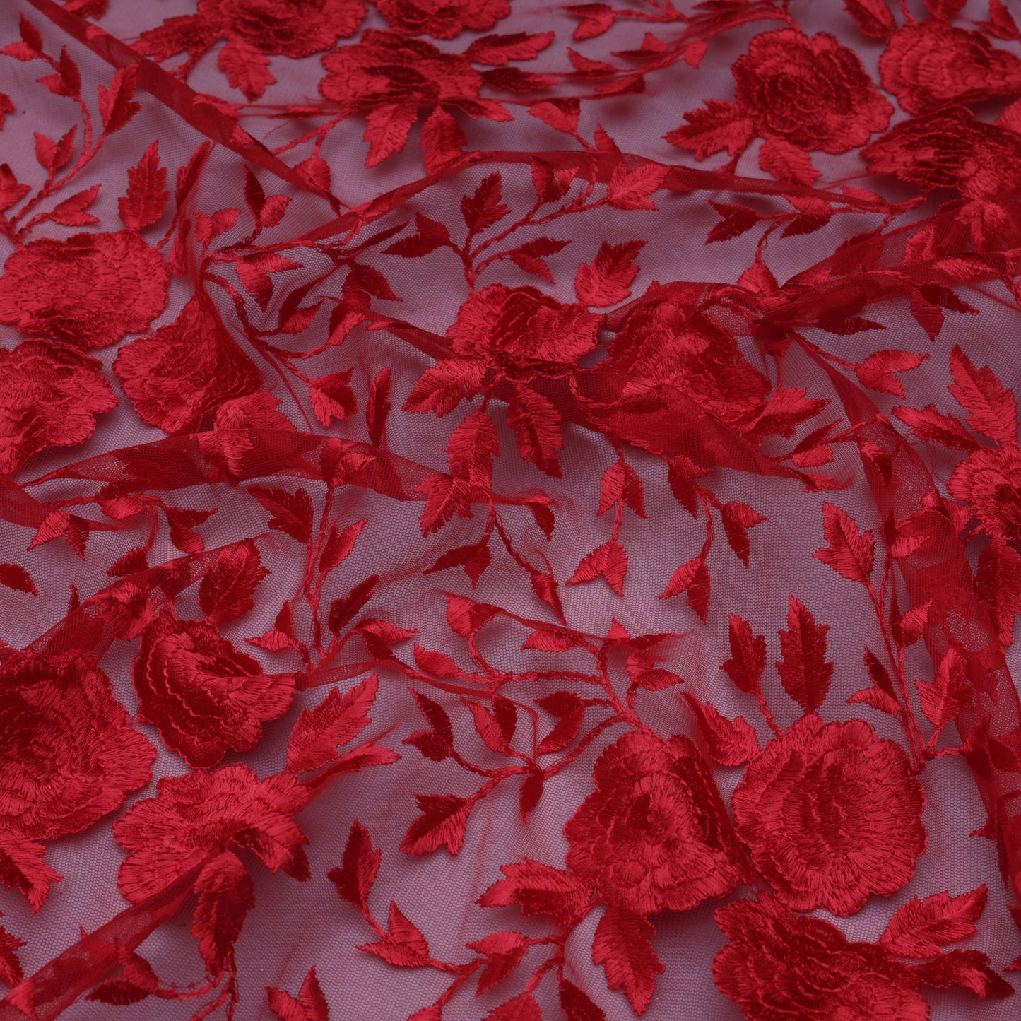 Red Color Net Embroidery Fabric