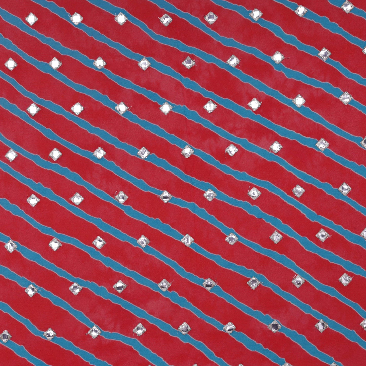 Blue Stripe Chinon Chiffon Print Mirror Work Fabric