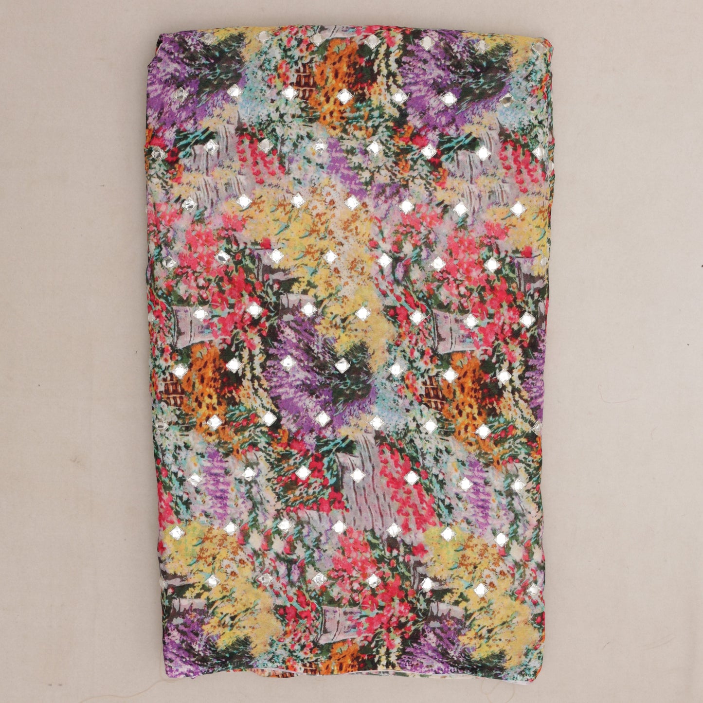 Multicolored Chinon Chiffon Print Mirror Work Fabric