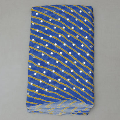 Yellow Stripe on Blue Color Print Chinon Chiffon Mirror Work Fabric