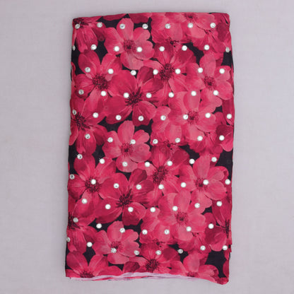 Pink Floral Chinon Chiffon Print Mirror Work Fabric