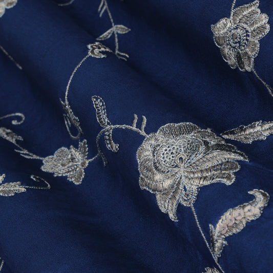 Teal Blue Color Gajji Silk Embroidery Fabric