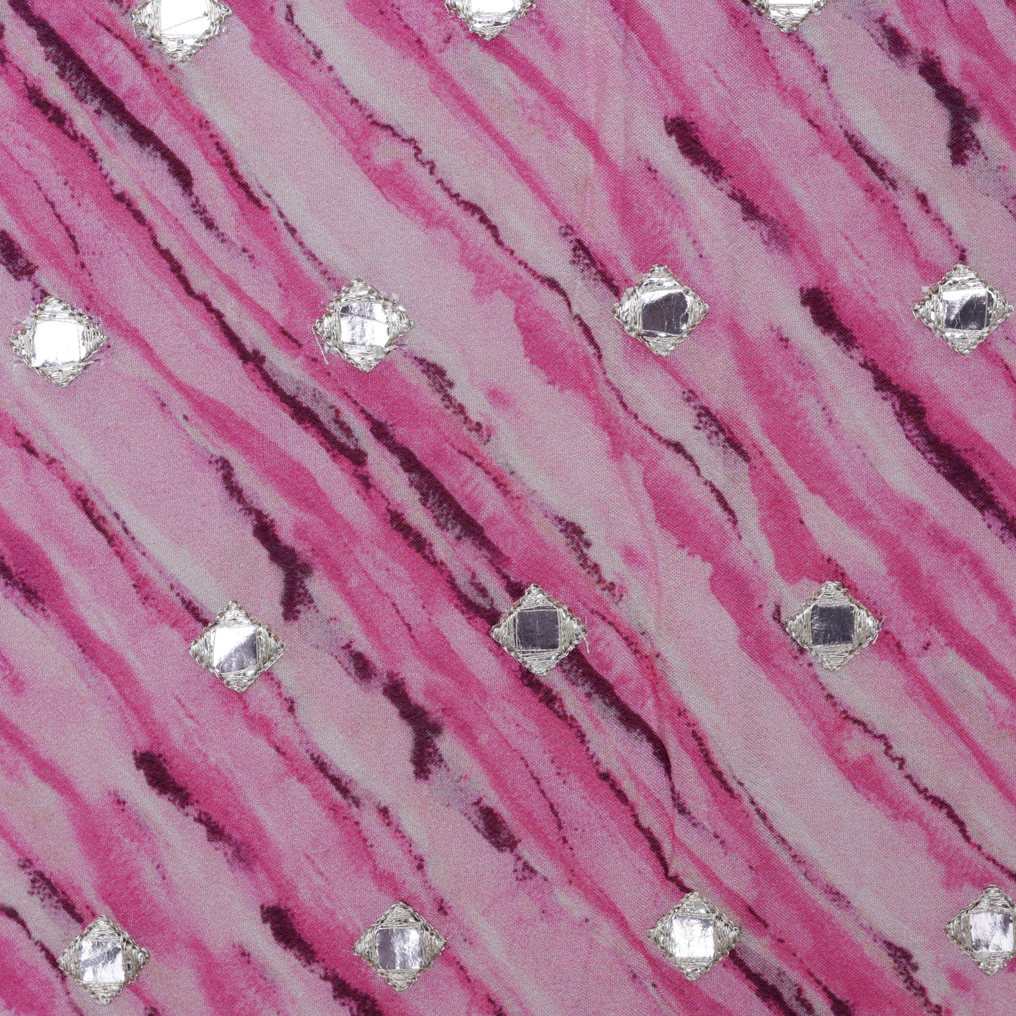Pink Color Chinon Chiffon Print Mirror Work Fabric