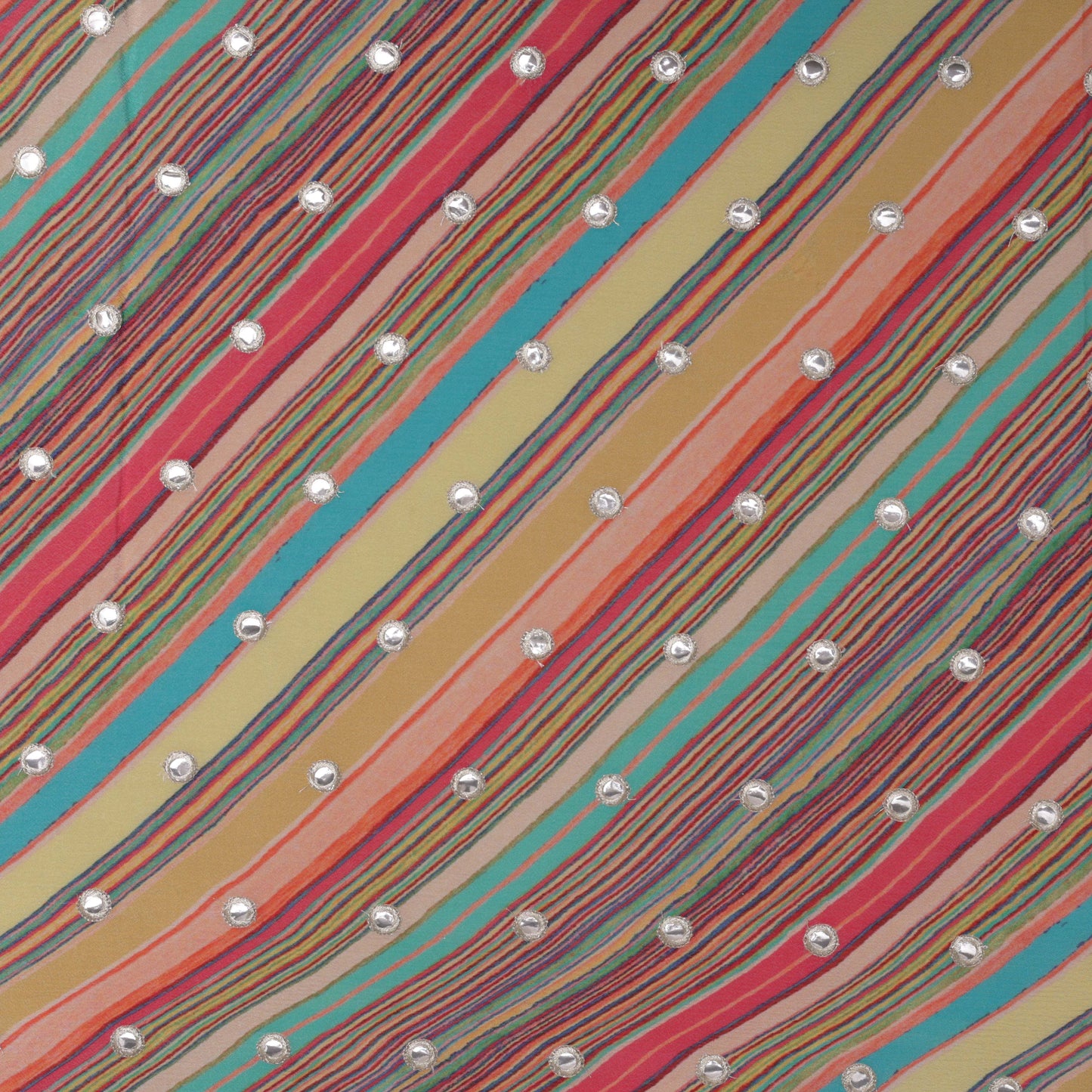 Multiple Stripe Chinon Chiffon Print Mirror Work Fabric