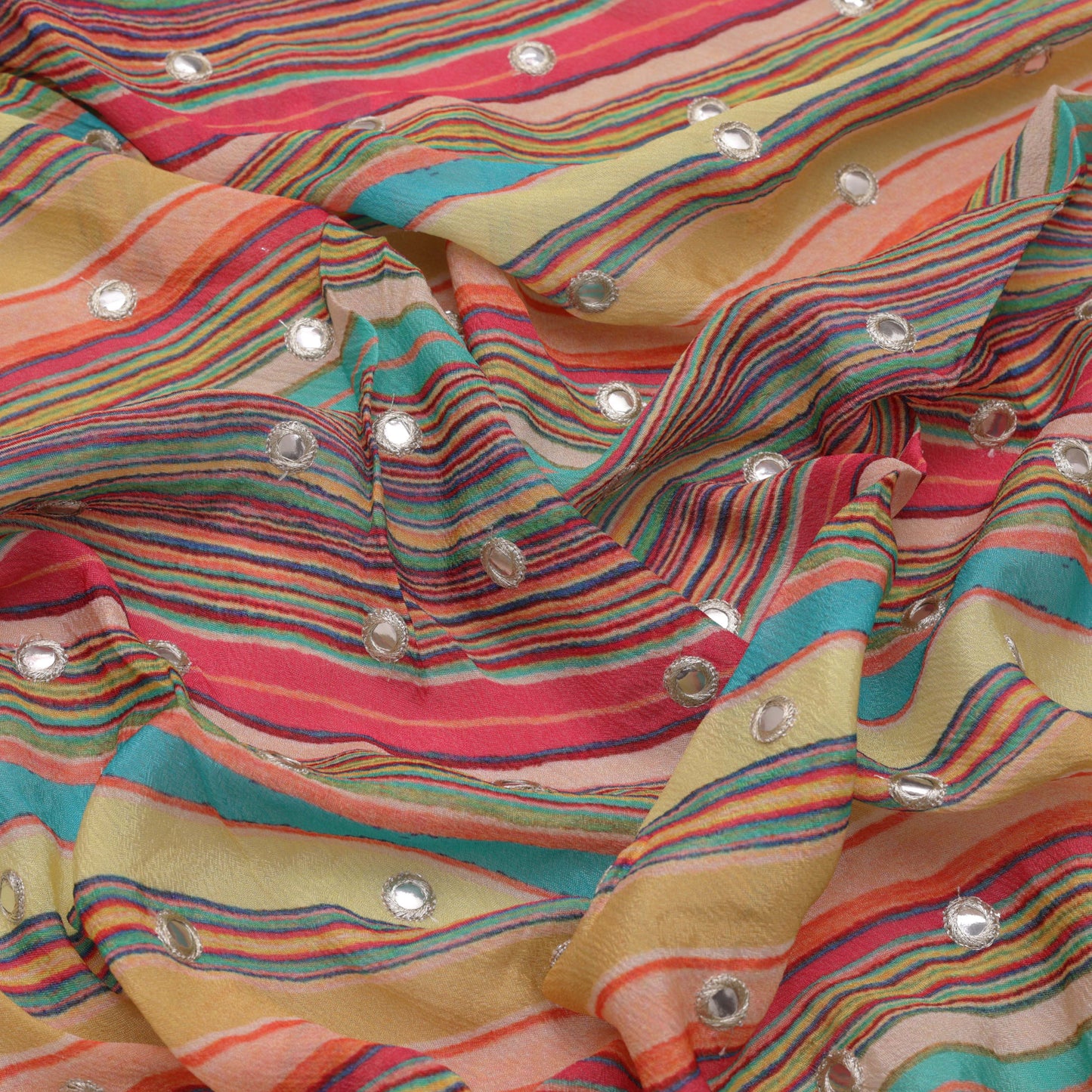 Multiple Stripe Chinon Chiffon Print Mirror Work Fabric