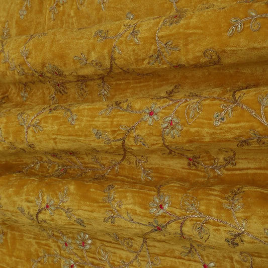Mustard Color Velvet Embroidery Fabric
