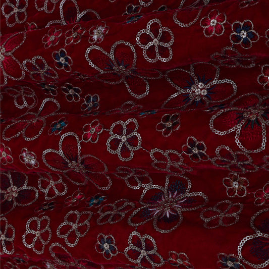 Maroon Color Velvet Embroidery Fabric